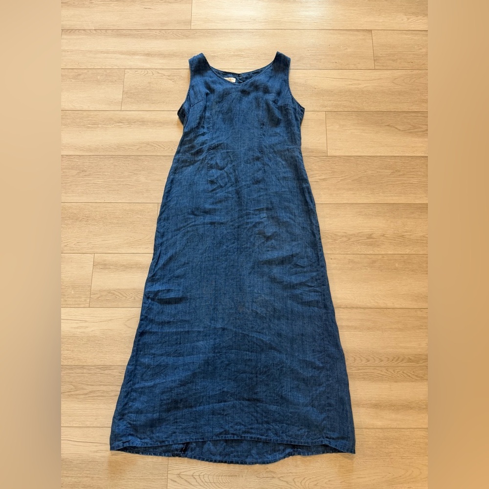 Blue Linen Maxi Dress Sz 14 Jones New York Blue Lagenlook Boho Travel Beachy - Picture 5 of 14